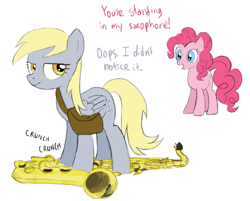 Size: 1059x851 | Tagged: safe, artist:ah-darnit, imported from derpibooru, derpy hooves, pinkie pie, pegasus, pony, dialogue, female, jerk, mailbag, mare, musical instrument, saxophone, simple background, white background