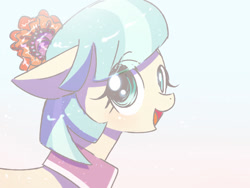 Size: 800x600 | Tagged: dead source, safe, artist:nmnkgskds, imported from derpibooru, coco pommel, earth pony, pony, cute, eye clipping through hair, female, floppy ears, gradient background, mare, open mouth, open smile, pixiv, smiling, solo, sparkles