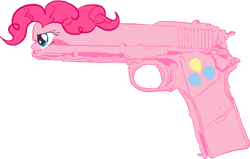 Size: 676x429 | Tagged: safe, artist:amehdaus, imported from derpibooru, pinkie pie, female, gun, m1911, pistol, pun, solo, species swap, visual pun