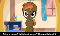 Size: 1600x973 | Tagged: safe, imported from derpibooru, button mash, earth pony, pony, comic:celestia's servant interview, caption, colt, cs captions, foal, interview, male, meta, solo