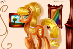 Size: 3000x2000 | Tagged: safe, artist:budgieflitter, imported from derpibooru, applejack, alternate hairstyle, alternate universe, chest fluff, female, fluffy, orangejack, painting, pose, raised hoof, shiny, solo