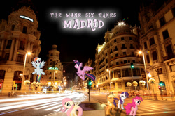 Size: 980x653 | Tagged: safe, imported from derpibooru, applejack, fluttershy, pinkie pie, rainbow dash, rarity, twilight sparkle, alicorn, pony, city, female, irl, madrid, mane six, mare, night, photo, ponies in real life, scenery, spain, town, twilight sparkle (alicorn), wallpaper