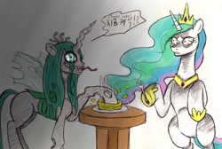 Size: 1328x892 | Tagged: safe, artist:asdf314159265, imported from derpibooru, princess celestia, queen chrysalis, bloodshot eyes, cheesecake, duo