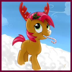 Size: 900x900 | Tagged: safe, artist:everypone, imported from derpibooru, babs seed, earth pony, pony, reindeer, antlers, candy cane, female, holly, solo