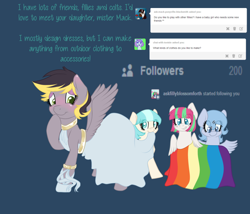 Size: 1280x1097 | Tagged: safe, artist:askfillycoco, imported from derpibooru, blossomforth, coco pommel, oc, oc:aero, oc:bubblepop, pegasus, pony, ask, ballet slippers, blue background, blushing, bracelet, clothes, colt, crossdressing, dress, grin, makeup, male, offspring, parent:derpy hooves, parent:oc:warden, parents:canon x oc, parents:warderp, simple background, smiling, spread wings, tumblr, younger