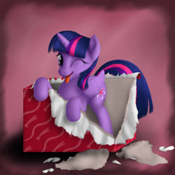 Size: 1200x1200 | Tagged: safe, alternate version, artist:bluespaceling, imported from derpibooru, twilight sparkle, alicorn, pony, behaving like a cat, box, cardboard box, female, mare, pink background, pony in a box, simple background, solo, tongue out, twilight sparkle (alicorn), wink