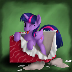 Size: 1200x1200 | Tagged: safe, alternate version, artist:bluespaceling, imported from derpibooru, twilight sparkle, alicorn, pony, behaving like a cat, box, cardboard box, female, green background, mare, pony in a box, simple background, solo, tongue out, twilight sparkle (alicorn), wink