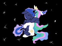 Size: 800x600 | Tagged: safe, artist:masterdashie, imported from derpibooru, princess celestia, princess luna, cute, cutelestia, hug, space