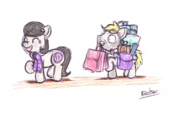 Size: 1657x1080 | Tagged: safe, artist:bobthedalek, imported from derpibooru, oc, oc only, oc:mixed melody, oc:octavia's father, oc:octavia's mother, oc:ostinato melody, earth pony, pony, bags, clothes, duo, female, male, mouth hold, scarf, shopping, traditional art