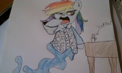 Size: 3264x1952 | Tagged: safe, artist:fiarel, imported from derpibooru, rainbow dash, genie, clothes, coffee, female, horribly drawn table, morning ponies, pajamas, solo, trace, traditional art, yawn