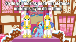 Size: 960x539 | Tagged: safe, edit, edited screencap, imported from derpibooru, screencap, rainbow dash, a bird in the hoof, season 1, dialogue, female, image macro, male, misspelling, pickup lines, royal guard, seduction, straight, text