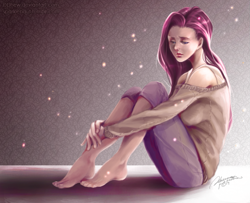 Size: 939x761 | Tagged: safe, artist:ddhew, imported from derpibooru, fluttershy, human, barefoot, clothes, feet, female, humanized, light skin, off shoulder, sad, sitting, solo, sweater, sweatershy