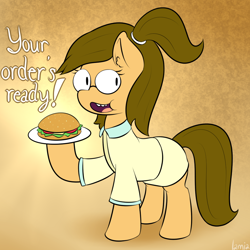 Size: 950x950 | Tagged: safe, artist:lamia, imported from derpibooru, pony, eileen, glasses, ponified, regular show, sandwich, solo, species swap, waitress