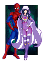 Size: 2480x3507 | Tagged: safe, artist:sugarnhoney, imported from derpibooru, twilight sparkle, human, amethyst sorceress, bodysuit, breasts, cleavage, crossover, crossover shipping, female, humanized, light skin, looking at you, marvel, smiling, spider-man, spiders and magic: rise of spider-mane, spidertwi, standing