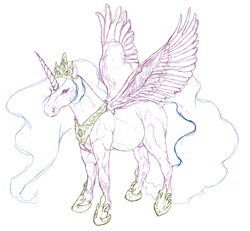 Size: 700x647 | Tagged: safe, imported from derpibooru, princess celestia, horse, female, hoers, limited palette, muscles, simple background, sketch, solo, spread wings, vein, white background