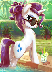 Size: 1299x1771 | Tagged: safe, artist:yulyeen, imported from derpibooru, rarity, pony, unicorn, adorasexy, alcohol, alternate hairstyle, bedroom eyes, butt, cute, drink, female, food, glass, lemon, looking at you, looking back, mare, mojito, palm tree, plant, plot, poolside, rearity, seductive, sexy, smiling, solo, straw, stupid sexy rarity, sultry pose, sunglasses, swimming pool, tree, water, wet