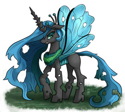 Size: 881x792 | Tagged: dead source, safe, artist:php13, imported from derpibooru, princess celestia, changeling, changeling queen, askchrysalis, changelingified, female, princess chryslestia, simple background, solo, white background