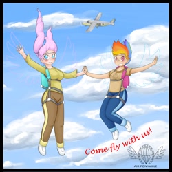 Size: 1280x1280 | Tagged: safe, artist:basketgardevoir, imported from derpibooru, fluttershy, rainbow dash, human, air ponyville, breasts, delicious flat chest, humanized, implied derpy, light skin, plane, rainbow flat, skydiving