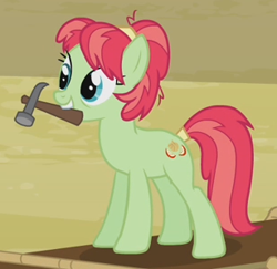 Size: 307x298 | Tagged: safe, imported from derpibooru, screencap, apple dumpling, earth pony, pony, apple family reunion, apple family member, background pony, cropped, female, hammer, mare, mouth hold, solo