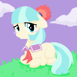 Size: 1280x1280 | Tagged: safe, artist:applexpie2, imported from derpibooru, coco pommel, earth pony, pony, cloud, female, grass, lineless, mare, prone, solo