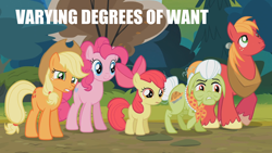 Size: 1920x1080 | Tagged: safe, edit, edited screencap, imported from derpibooru, screencap, apple bloom, applejack, big macintosh, granny smith, pinkie pie, earth pony, pony, pinkie apple pie, female, filly, male, mare, stallion, varying degrees of want