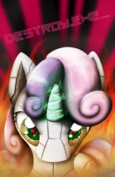 Size: 3300x5100 | Tagged: safe, artist:spiritofthwwolf, imported from derpibooru, sweetie belle, pony, robot, unicorn, friendship is witchcraft, epic, female, filly, fire, foal, glowing horn, horn, laser, solo, sweetie bot, text