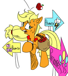 Size: 500x553 | Tagged: safe, artist:30clock, imported from derpibooru, applejack, earth pony, pony, applebuck season, apple, female, food, frustrated, mare, pixiv, scene interpretation, sign, simple background, solo, white background