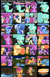 Size: 1600x2492 | Tagged: safe, artist:ajmstudios, imported from derpibooru, applejack, berry punch, berryshine, bon bon, lyra heartstrings, minuette, scootaloo, sweetie drops, twilight sparkle, comic, muffin, scootaquest