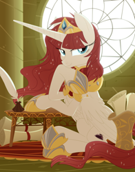 Size: 2500x3188 | Tagged: safe, artist:equestria-prevails, imported from derpibooru, oc, oc only, oc:fausticorn, alicorn, pony, beautiful, lauren faust, lyrics in the comments, quill, regalia, scroll, solo