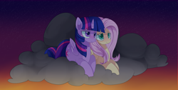 Size: 1514x761 | Tagged: safe, artist:sunomii, imported from derpibooru, fluttershy, twilight sparkle, alicorn, pony, cloud, duo, duo female, female, lesbian, mare, on a cloud, shipping, sunset, twilight sparkle (alicorn), twishy