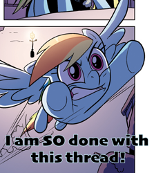 Size: 420x470 | Tagged: safe, idw, imported from derpibooru, rainbow dash, abandon thread, flying, fourth wall, image macro, reaction image
