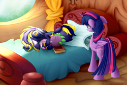 Size: 2516x1700 | Tagged: safe, artist:xn-d, imported from derpibooru, spike, twilight sparkle, oc, oc:zephyr, alicorn, pony, canon x oc, cuddling, female, mare, sleeping, snuggling, spikelove, twilight sparkle (alicorn), twiphyr