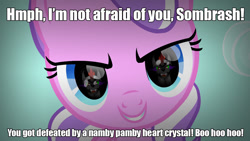 Size: 1024x576 | Tagged: safe, imported from derpibooru, diamond tiara, king sombra, caption, evil diamond tiara, eye reflection, image macro