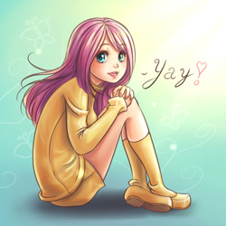 Size: 800x800 | Tagged: safe, artist:ninjaham, imported from derpibooru, fluttershy, human, clothes, cute, female, humanized, light skin, looking at you, open mouth, shoes, shyabetes, sitting, socks, solo, sweater, sweatershy, yay