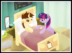 Size: 1024x751 | Tagged: safe, artist:blackfreya, imported from derpibooru, twilight sparkle, bed, crossover, crossover shipping, crying, female, male, peter parker, ponified, shipping, spider-man, spiders and magic: rise of spider-mane, spidertwi, straight, tears of joy
