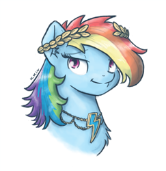 Size: 777x800 | Tagged: safe, artist:king-kakapo, imported from derpibooru, rainbow dash, pegasus, pony, alternate hairstyle, bust, chest fluff, ear fluff, element of loyalty, female, floral head wreath, fluffy, head, portrait, smiling, solo, wreath