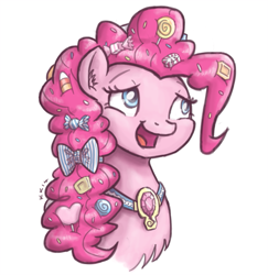 Size: 777x800 | Tagged: safe, artist:king-kakapo, imported from derpibooru, pinkie pie, earth pony, pony, alternate hairstyle, bow, bust, candy, chest fluff, element of laughter, female, fluffy, head, portrait, solo
