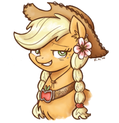 Size: 777x800 | Tagged: safe, artist:king-kakapo, imported from derpibooru, applejack, earth pony, pony, alternate hairstyle, braid, bust, chest fluff, ear fluff, element of honesty, female, flower, flower in hair, fluffy, grin, head, looking at you, portrait, simple background, smirk, solo