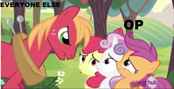 Size: 643x328 | Tagged: safe, edit, edited screencap, imported from derpibooru, screencap, apple bloom, big macintosh, scootaloo, sweetie belle, earth pony, pony, ponyville confidential, cutie mark crusaders, hub logo, male, op, stallion