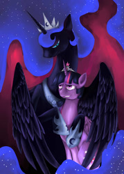 Size: 1024x1434 | Tagged: safe, artist:muslipepito, imported from derpibooru, nightmare moon, twilight sparkle, alicorn, pony, bad end, bad touch, crying, grin, heightmare moon, hug, molestation, nervous, sad, sitting, size difference, smiling, twilight sparkle (alicorn), winghug