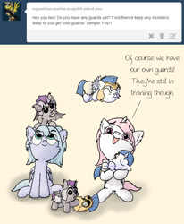 Size: 641x779 | Tagged: safe, artist:arvaus, imported from derpibooru, princess celestia, princess luna, pony, ask woona and tia, ask, baby, baby celestia, baby luna, baby pony, cewestia, colt, cute, diaper, female, filly, filly celestia, filly luna, foal, lunabetes, night guard, royal guard, tumblr, woona, young, younger