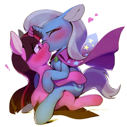 Size: 4092x4092 | Tagged: safe, artist:aruurara, imported from derpibooru, trixie, twilight sparkle, pony, unicorn, absurd resolution, blushing, cape, clothes, duo, female, horns are touching, kiss on the lips, kissing, lesbian, shipping, surprise kiss, trixie's cape, twixie