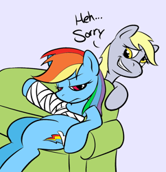 Size: 774x800 | Tagged: safe, artist:lowkey, artist:okiedokielowkey, imported from derpibooru, derpy hooves, rainbow dash, pegasus, pony, cast, couch, female, hilarious in hindsight, mare