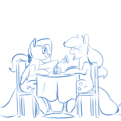 Size: 700x700 | Tagged: safe, artist:goat train, imported from derpibooru, applejack, fluttershy, alternate hairstyle, apple, chair, eyes closed, feeding, fork, monochrome, ponytail, simple background, sitting, table, tongue out