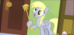 Size: 1919x930 | Tagged: safe, edit, imported from derpibooru, screencap, derpy hooves, pegasus, pony, rainbow falls, cane, derpy's flag, female, mare, solo, twilight scepter