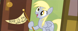 Size: 1280x523 | Tagged: safe, edit, imported from derpibooru, derpy hooves, pegasus, pony, rainbow falls, bad edit, derpy's flag, female, mare, poop, sign, solo, that's derpy to you