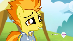 Size: 1440x810 | Tagged: safe, imported from derpibooru, screencap, spitfire, pegasus, pony, rainbow falls, clothes, female, hub logo, jacket, pin, smiling, solo, warmup suit