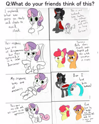 Size: 2800x3500 | Tagged: safe, artist:frikdikulous, imported from derpibooru, apple bloom, king sombra, scootaloo, sweetie belle, earth pony, pegasus, pony, umbrum, unicorn, ask, bevor, cane, chestplate, colored, colored horn, comic, crown, crying, curved horn, cute, cutie mark crusaders, dark magic, dialogue, female, filly, foal, helmet, horn, jewelry, juice, juice box, king sideburns, magic, male, megaphone, queen sweetie belle, questionable shipping, regalia, scepter, sketch, sombra eyes, sombra horn, sombra's robe, sombrabelle, stallion, sweetiepter, text, throne, tiara, tumblr, tumblr:ask king sombra and queen sweetie belle