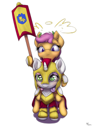 Size: 1600x2000 | Tagged: safe, artist:alasou, imported from derpibooru, scootaloo, sweetie belle, armor, banner, laurel wreath, ponies riding ponies, riding