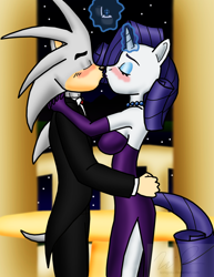 Size: 1224x1589 | Tagged: safe, artist:sonigoku, imported from derpibooru, rarity, blushing, clothes, crossover shipping, dress, evening gloves, formal, gem, kissing, necklace, pearl, pearled necklace, silvarity, silver the hedgehog, sonic the hedgehog (series), tuxedo